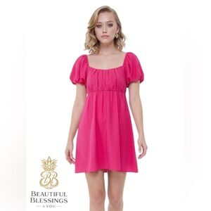 june & hudson Pink Puff Sleeve Mini Dress With Pockets - Easter, Formal, Spring